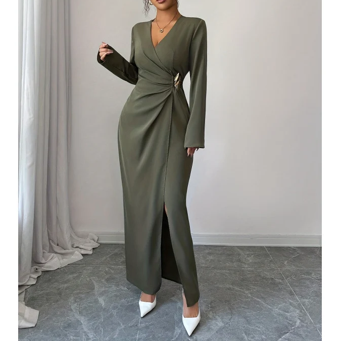 V-Neck Long Sleeve Slit Maxi Dress