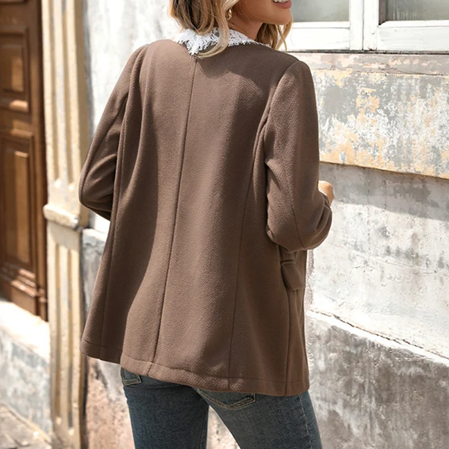 Lace Trim V-Neck Mid Length Blazer Coat