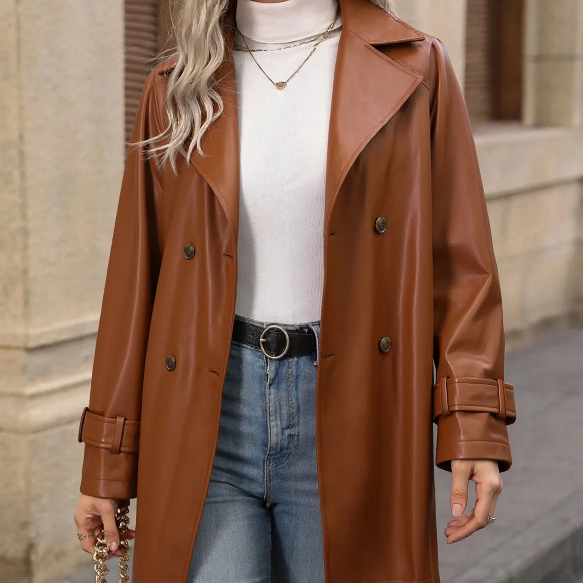 Double Breasted Belted Mid Length Leather Coat