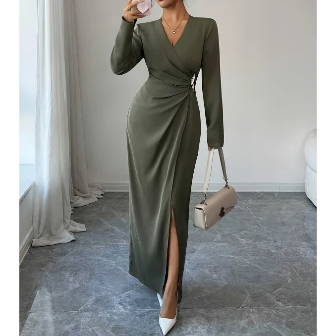V-Neck Long Sleeve Slit Maxi Dress
